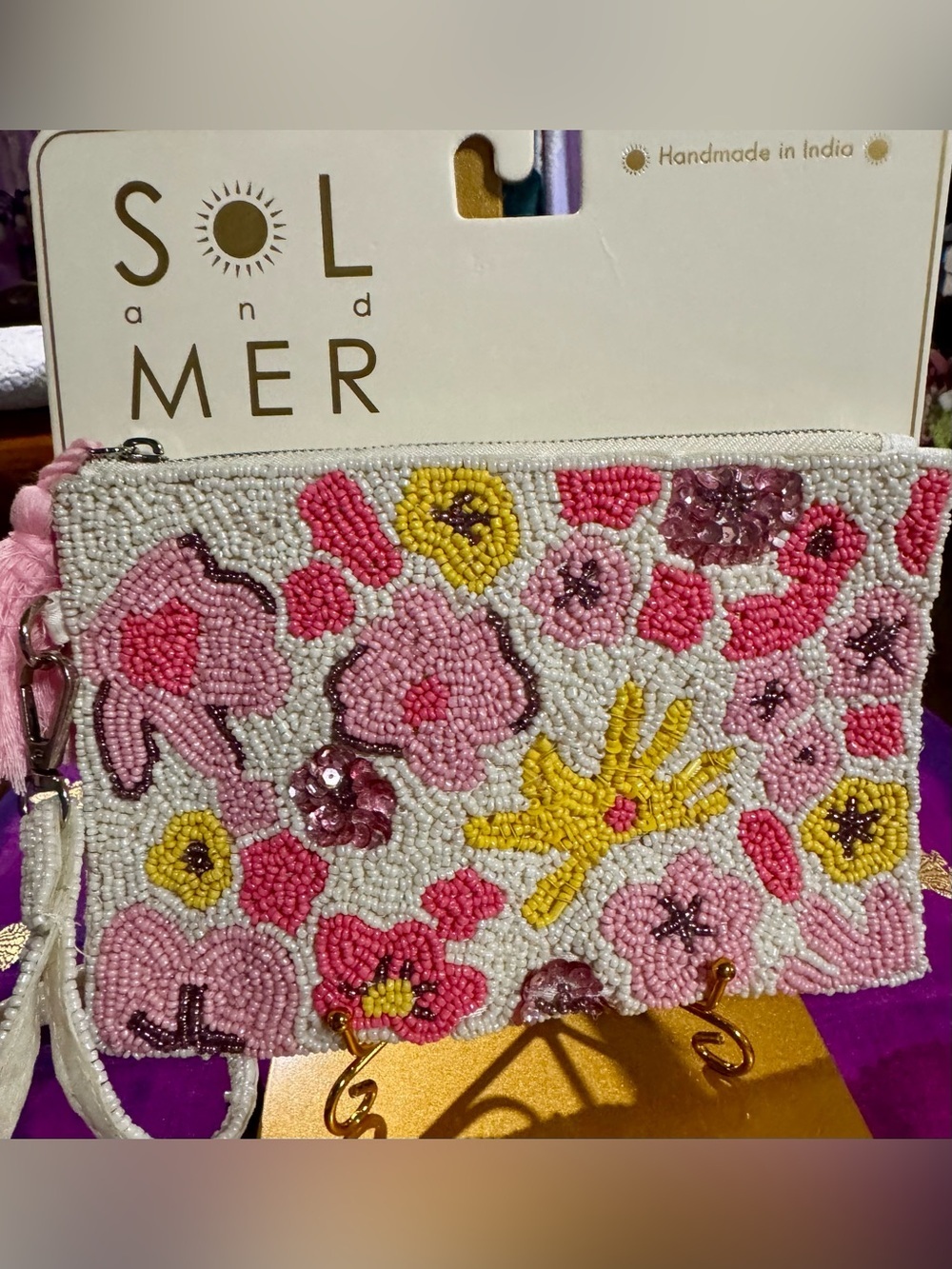 NWT Sol & Mer Abstract Floral Collage Zipper Pouch Pink White